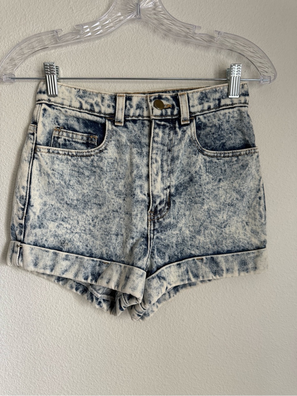 American Apparel Acid Wash High-Rise Jean Shorts - Blue/White